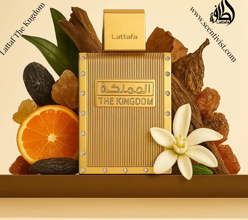 Lattafa The Kingdom Eau de Parfum by Lattafa in golden perfume bottle surrounded by orange, vanilla flower, woods, and dried fruits representing its fragrance notes.
