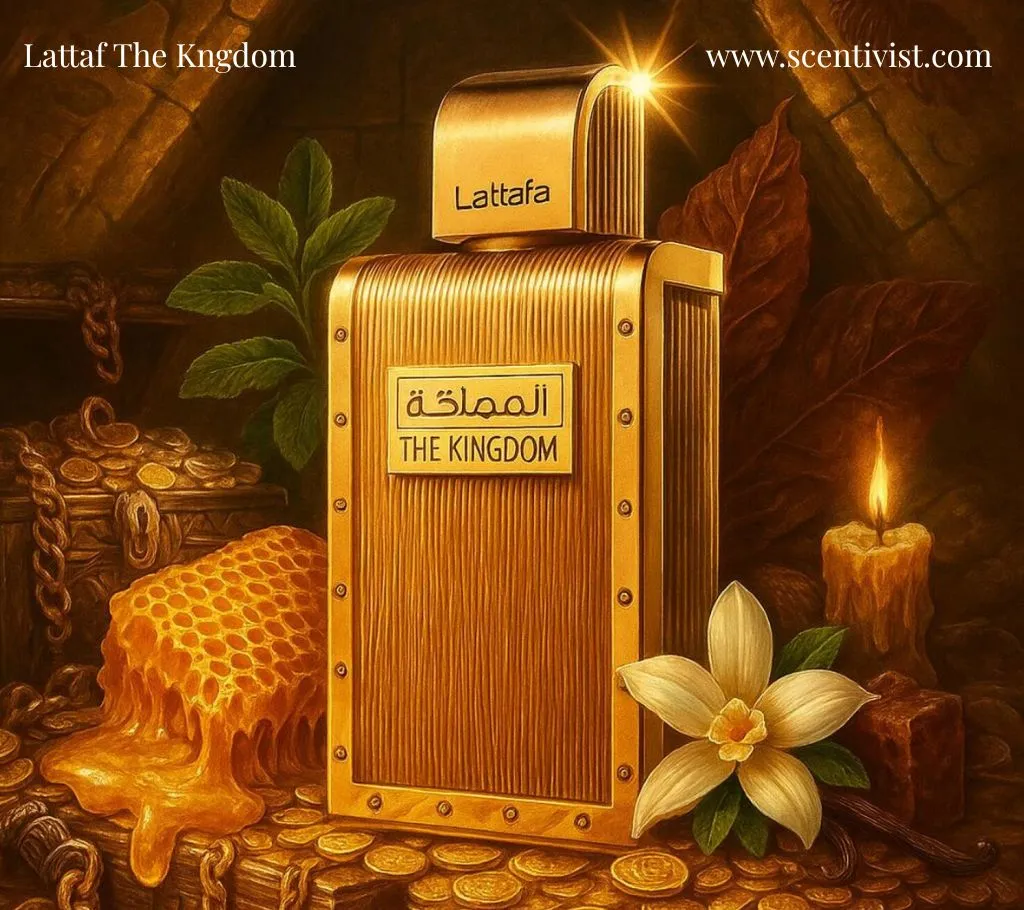 A luxurious golden bottle of Lattafa The Kingdom perfume resting on smooth stones with warm lighting.