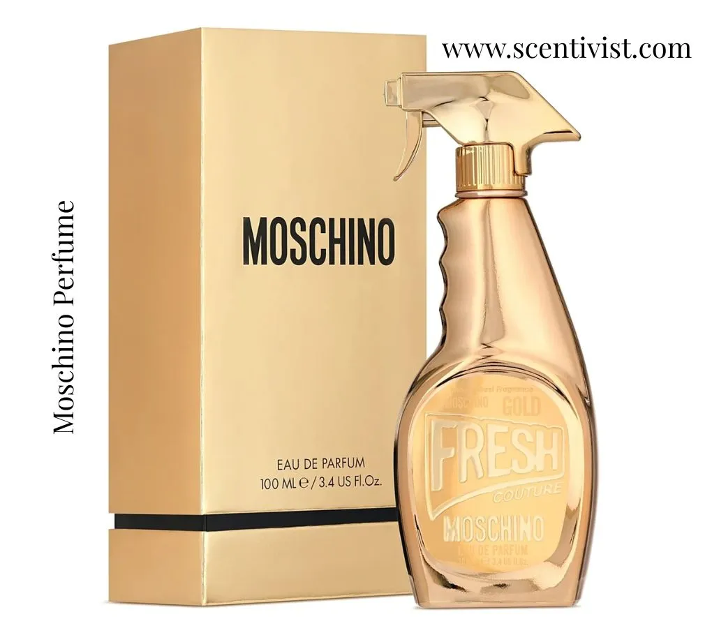 Moschino Perfume Fresh Couture in a gold spray-bottle design placed next to its matching gold packaging box.