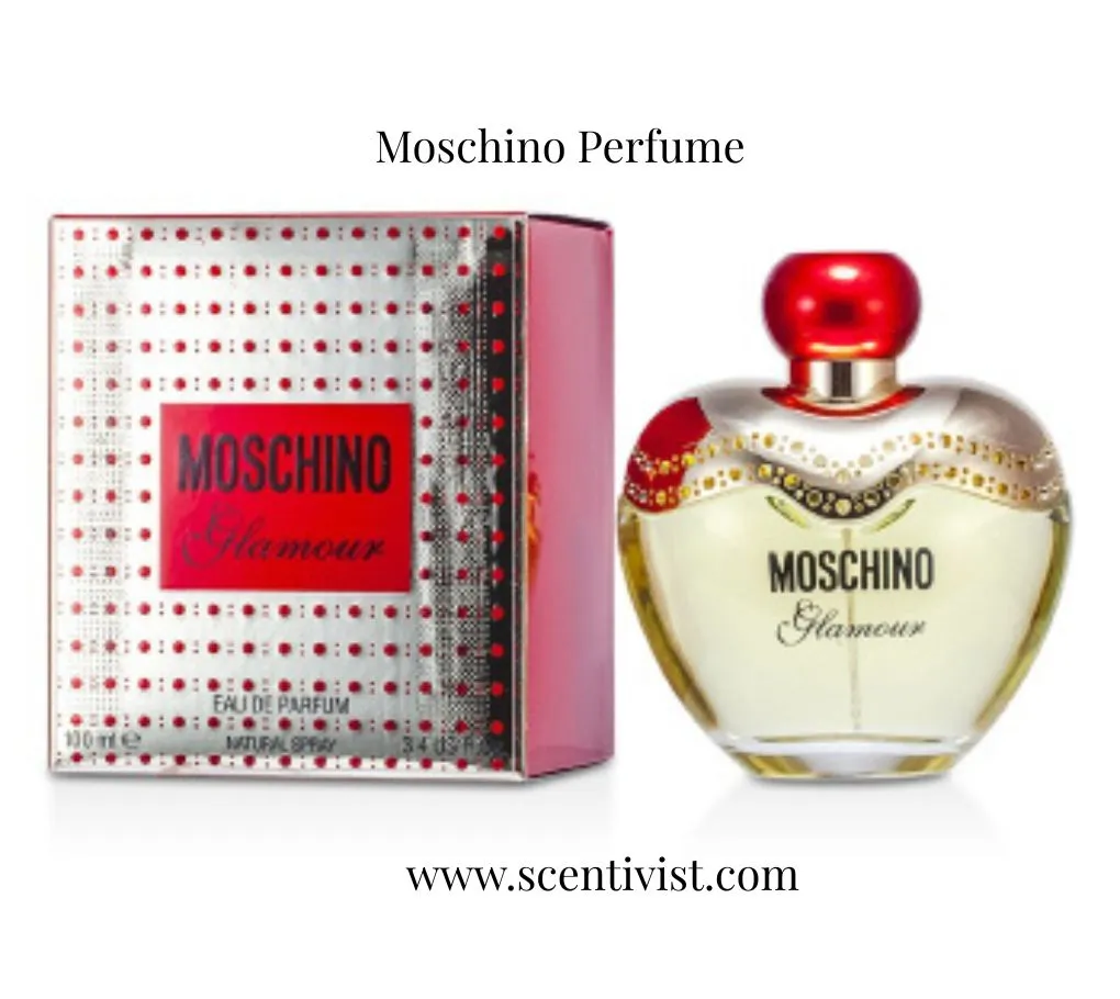Moschino Glamour perfume bottle with a red cap and gold details displayed next to its patterned red and white box.
