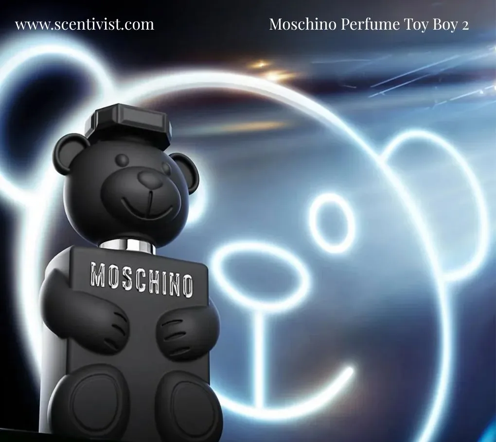 Moschino Perfume Toy Boy 2 bottle shaped like a black teddy bear against a glowing neon bear outline background.