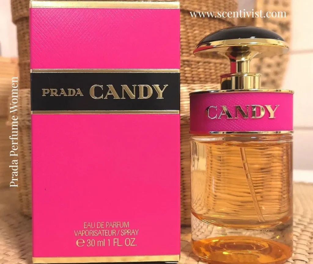 Prada Perfume Women: Candy perfume bottle with pink and gold design placed beside its matching bright pink packaging box.
