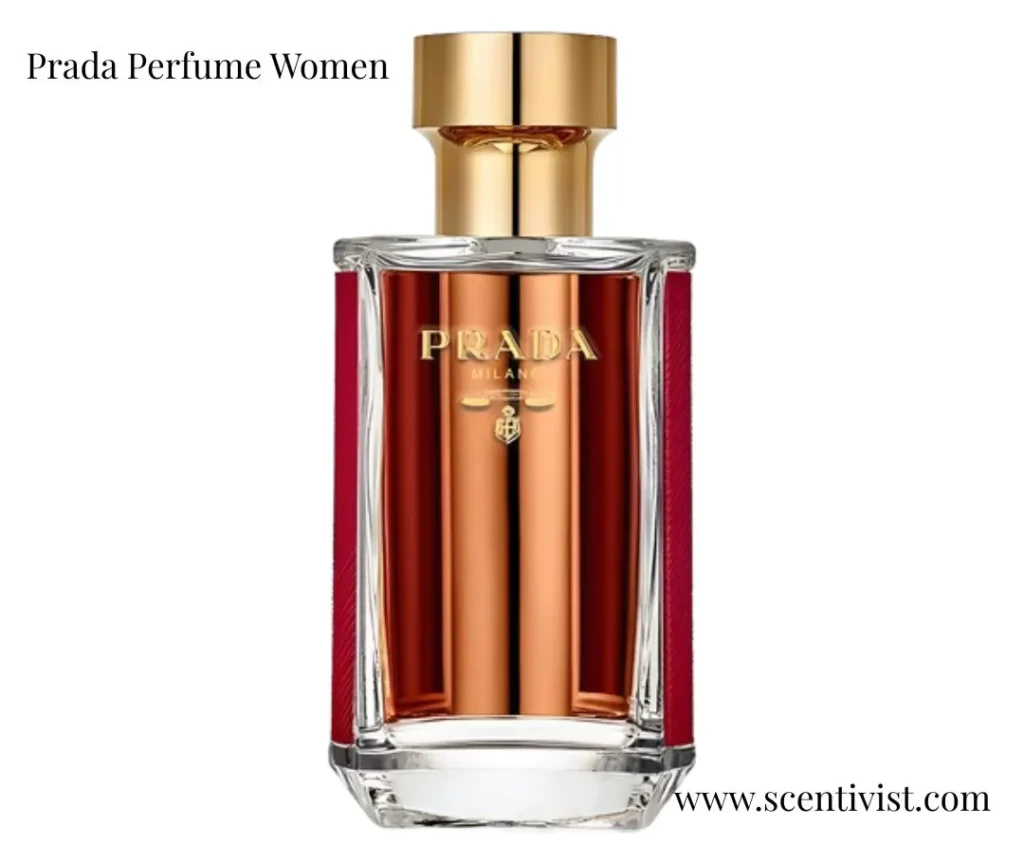 Prada Perfume Women: La Femme Intense perfume bottle with amber-toned glass, gold cap, and red side panels on a white background.