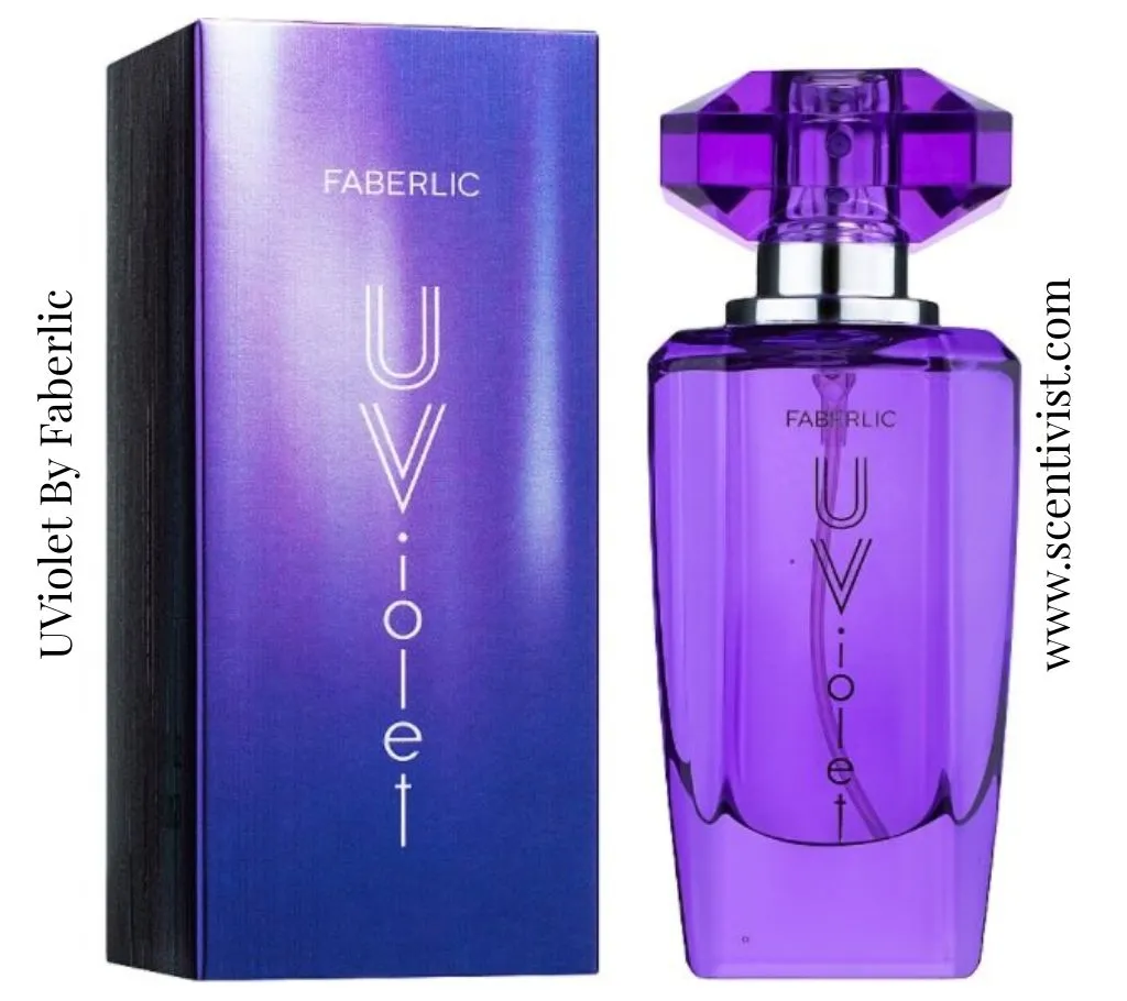 UViolet by Faberlic perfume bottle with a distorted background showing architectural patterns.