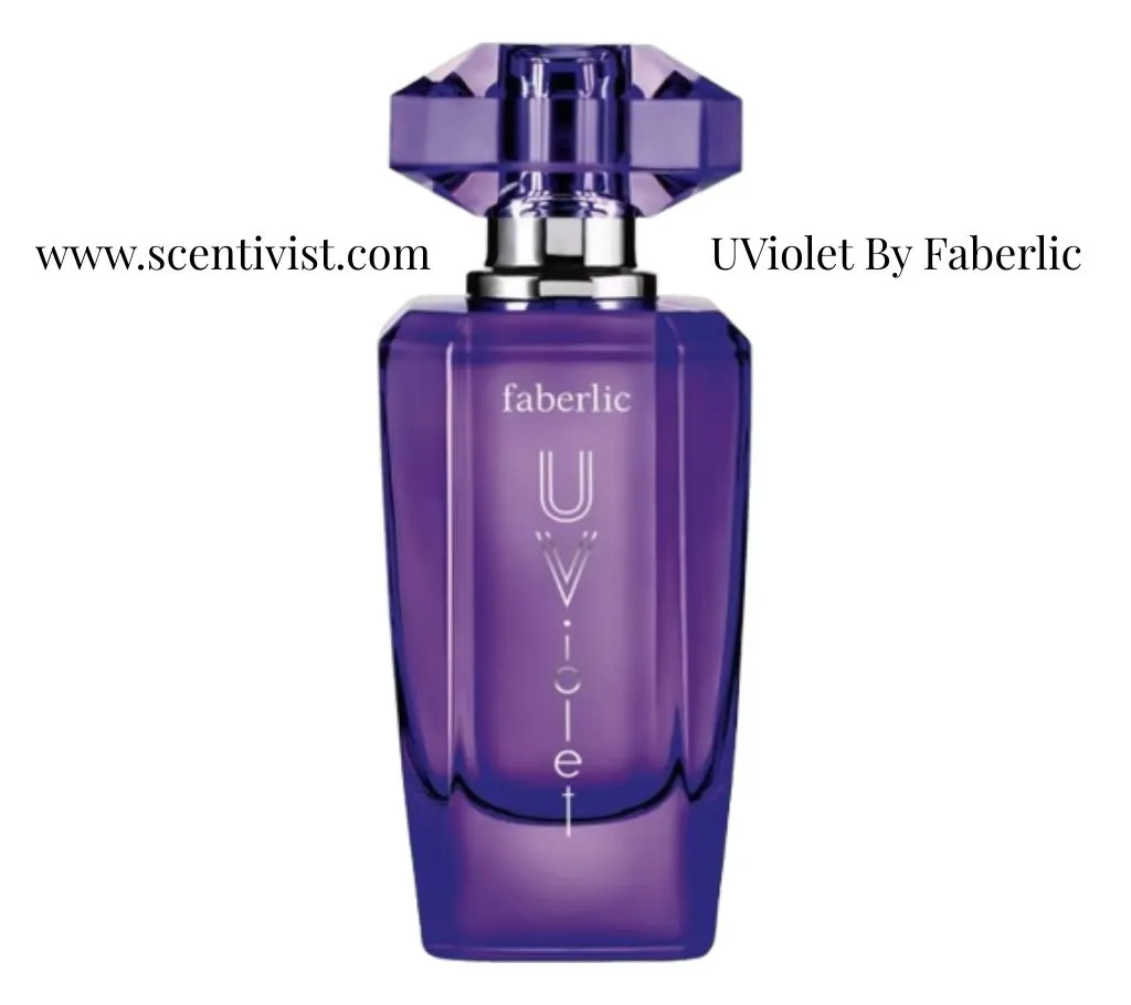 Close-up of UViolet perfume by Faberlic in a deep violet glass bottle with a bold geometric cap.