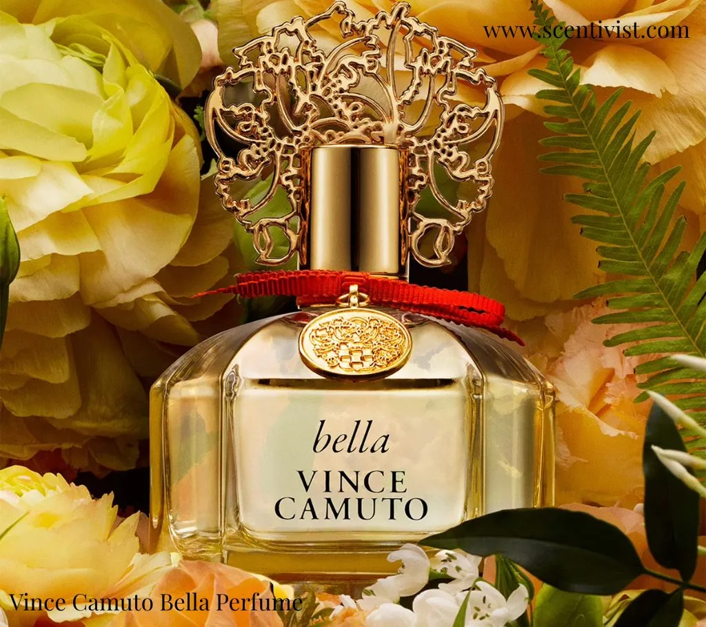 Vince Camuto Bella perfume bottle with a decorative gold cap, surrounded by yellow flowers and green leaves.