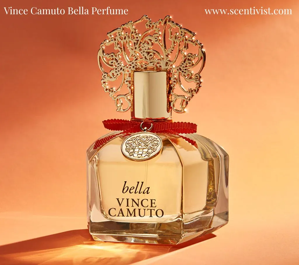 Vince Camuto Bella perfume bottle with a gold decorative cap and red ribbon, set against a warm peach background.