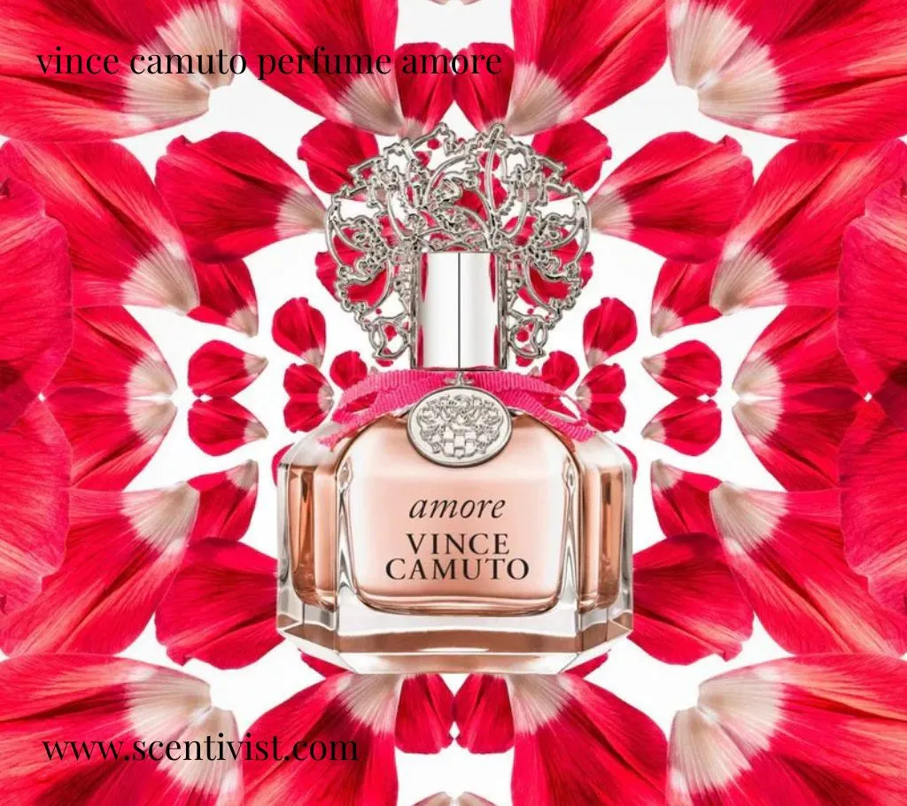 Vince Camuto Amore perfume bottle surrounded by vibrant red flower petals arranged in a symmetrical pattern.